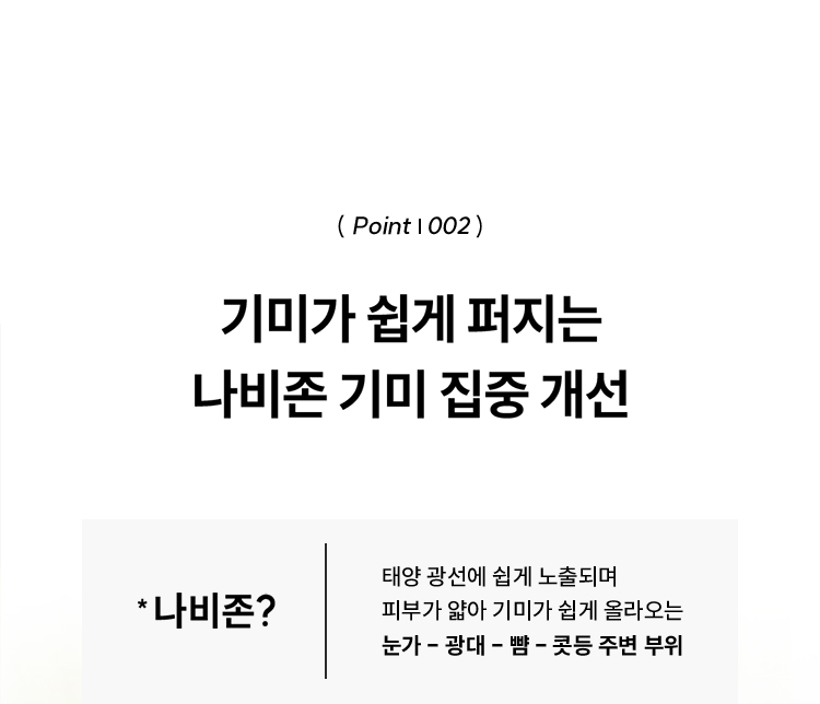 ( Point | 002 ) 기미가 쉽게 퍼지는 나비존 기미 집중 개선 / * 나비존? | 태양 광선에 쉽게 노출되며 피부가 얇아 기미가 쉽게 올라오는 눈가 - 광대 - 뺨 - 콧등 주변 부위