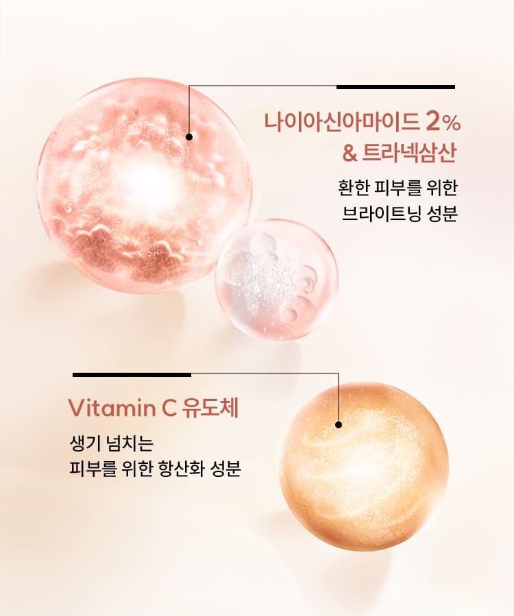 나이아신아마이드 2% & 트라넥삼산 / 환한 피부를 위한 브라이트닝 성분, Vitamin C 유도체 / 생기 넘치는 피부를 위한 항산화 성분