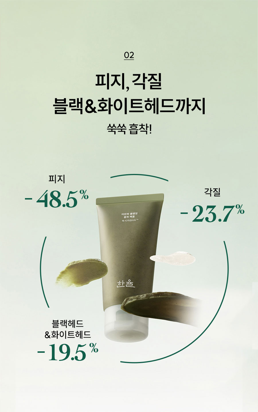 02 피지, 각질 블랙&화이트헤드까지 쑥쑥 흡착! 피지 -48.5% / 각질 -23.7% / 블랙헤드 & 화이트헤드 -19.5%
