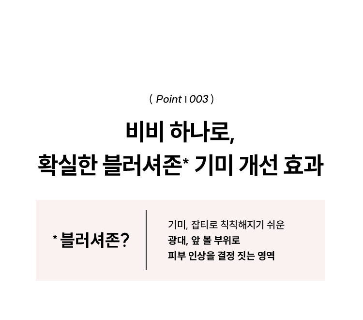 ( Point | 003 ) 비비 하나로, 확실한 블러셔존* 기미 개선 효과 / * 블러셔존? | 기미, 잡티로 칙칙해지기 쉬운 광대, 앞 볼 부위로 피부 인상을 결정 짓는 영역