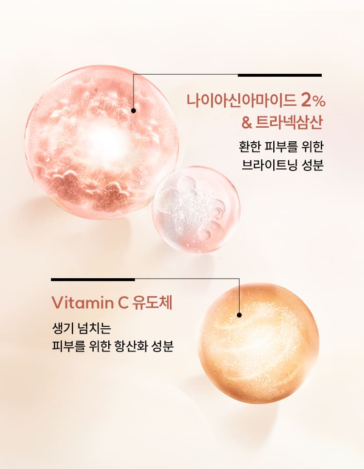 나이아신아마이드 2% & 트라넥삼산 / 환한 피부를 위한 브라이트닝 성분, Vitamin C 유도체 / 생기 넘치는 피부를 위한 항산화 성분