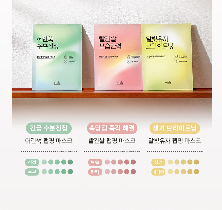 긴급 수분진정 어린쑥 랩핑 마스크 : 진정 5점, 수분 5점 / 속당김 즉각 해결 빨간쌀 랩핑 마스크 : 보습 5점, 탄력 5점 / 생기 브라이트닝 달빛유자 랩핑 마스크 : 생기 5점, 비타민 5점