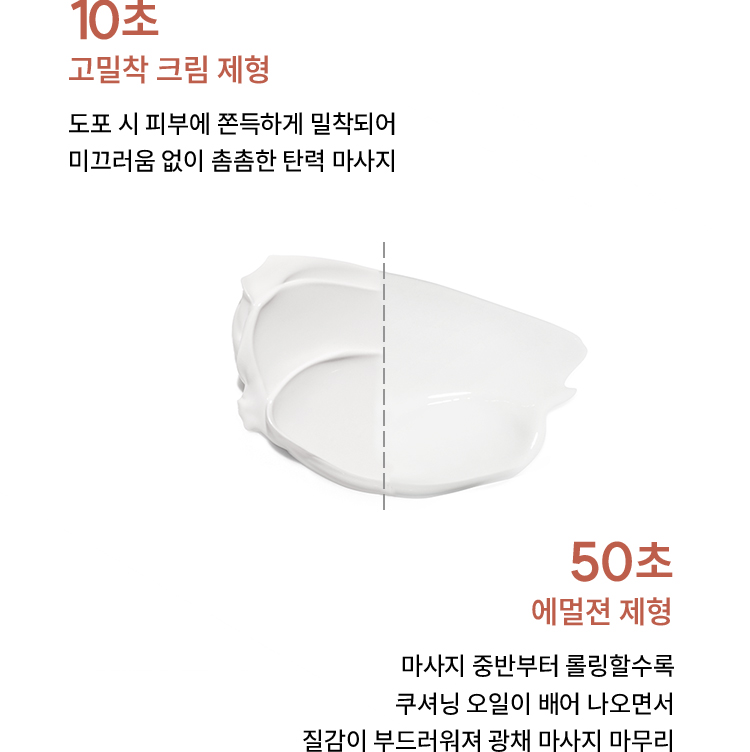 10초 고밀착 크림/제형 도포 시 피부에 쫀득하게 밀착되어 미끄러움 없이 촘촘한 탄력 마사지, 50초 에멀젼/제형 마사지 중반부터 롤링할수록 쿠셔닝 오일이 배어 나오면서 질감이 부드러워져 광채 마사지 마무리