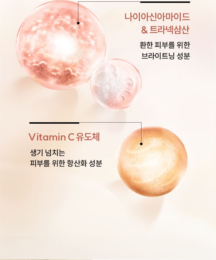 나이아신아마이드 & 트라넥삼산/환한 피부를 위한 브라이트닝 성분, Vitamin C 유도체/생기 넘치는 피부를 위한 항산화 성분