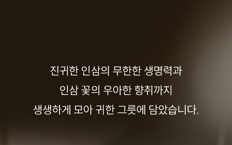 진귀한 인삼의 무한한 생명력과 인삼 꽃의 우아한 향취까지 생생하게 모아 귀한 그릇에 담았습니다.