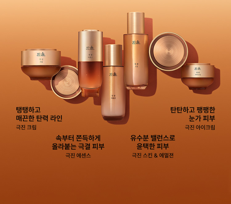 탱탱하고 매끈한 탄력 라인 극진 크림, 속부터 쫀득하게 올라붙는 극결 피부 극진 에센스, 유수분 밸런스로 윤택한 피부 극진 스킨 & 에멜젼, 탄탄하고 팽팽한 눈가 피부 극진 아이크림