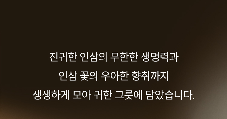 진귀한 인삼의 무한한 생명력과 인삼 꽃의 우아한 향취까지 생생하게 모아 귀한 그릇에 담았습니다.