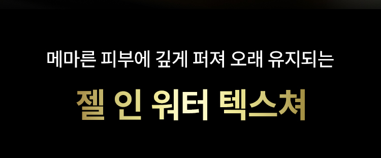 메마른 피부에 깊게 퍼져 오래 유지되는 젤 인 워터 텍스쳐