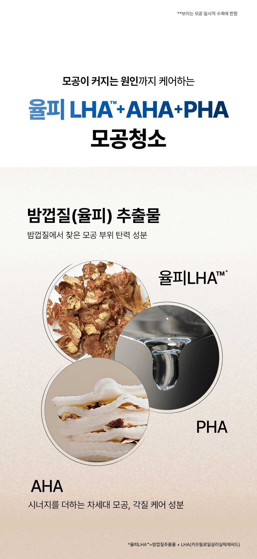 모공이 커지는 원인까지 케어하는 율피 LHA™+AHA+PHA 모공청소