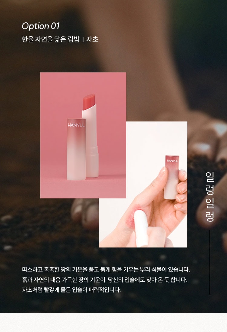 Option 01 한율 자연을 닮은 립밤 자초 - 따스하고 촉촉한 땅의 기운을 품고 붉게 힘을 키우는 뿌리 식물이 있습니다. 흙과 자연의 내음 가득한 땅의 기운이 당신의 입술에도 찾아 온 듯 합니다. 자초처럼 빨갛게 물든 입술이 매력적입니다.