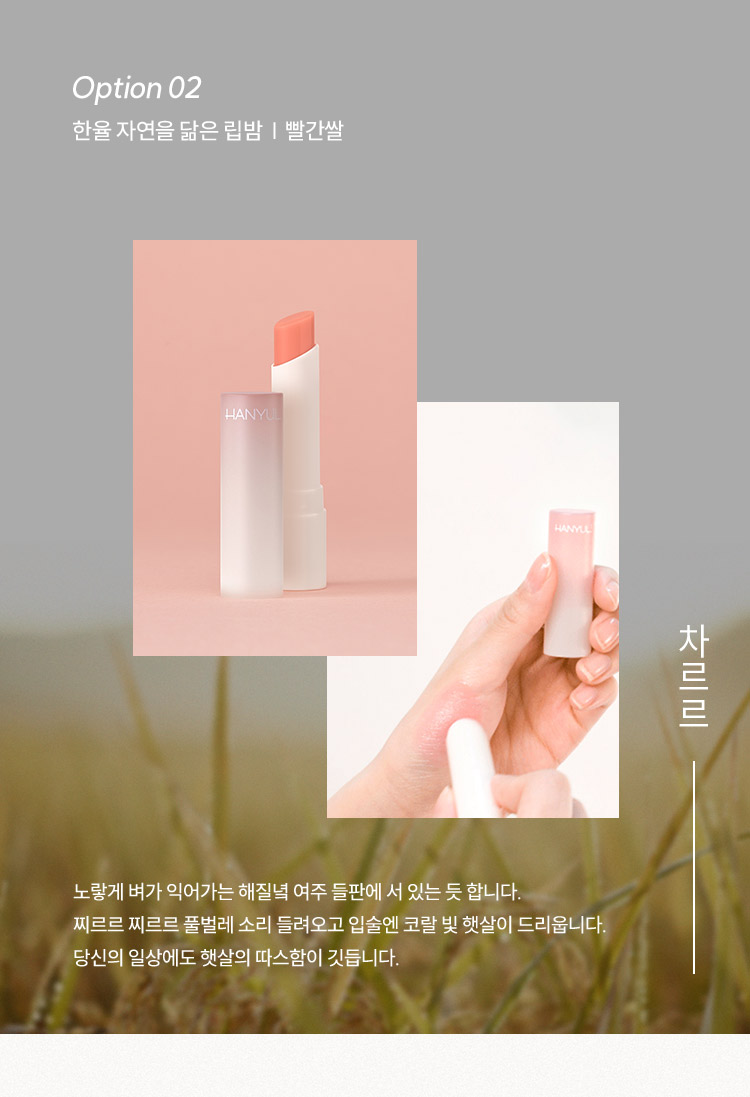 Option 02 한율 자연을 닮은 립밤 빨간쌀 - 노랗게 벼가 익어가는 해질녘 여주 들판에 서 있는 듯 합니다. 찌르르 찌르르 풀벌레 소리 들려오고 입술엔 코랄 빛 햇살이 드리웁니다. 당신의 일상에도 햇살의 따스함이 깃듭니다.