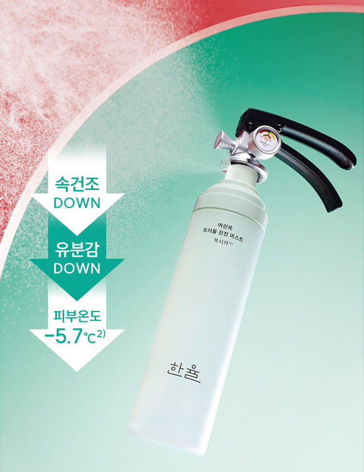 속건조 down 유분감 down 피부온도 -5.7°C²⁾ 어린쑤ㅠㄱ 트러블 진정 미스트 쑥시카