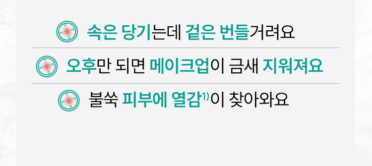 속은 당기는데 겉은 번들거려요 오후만 되면 메이크업이 금새 지워져요 불쑥 피부에 열감1)이 찾아와요