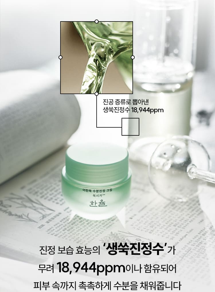 진공 증류로 뽑아낸 생쑥진정수 18,944ppm/진정 보습 효능의 ‘생쑥진정수’가 무려 18,944ppm이나 함유되어 피부 속까지 촉촉하게 수분을 채워줍니다/어린쑥 수분진정 크림