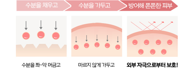 1. 수분을 쫘악 채우고 2. 수분을 마르지 않게 가두고 3. 외부 자극으로 부터 방어해 쫀쫀한 피부