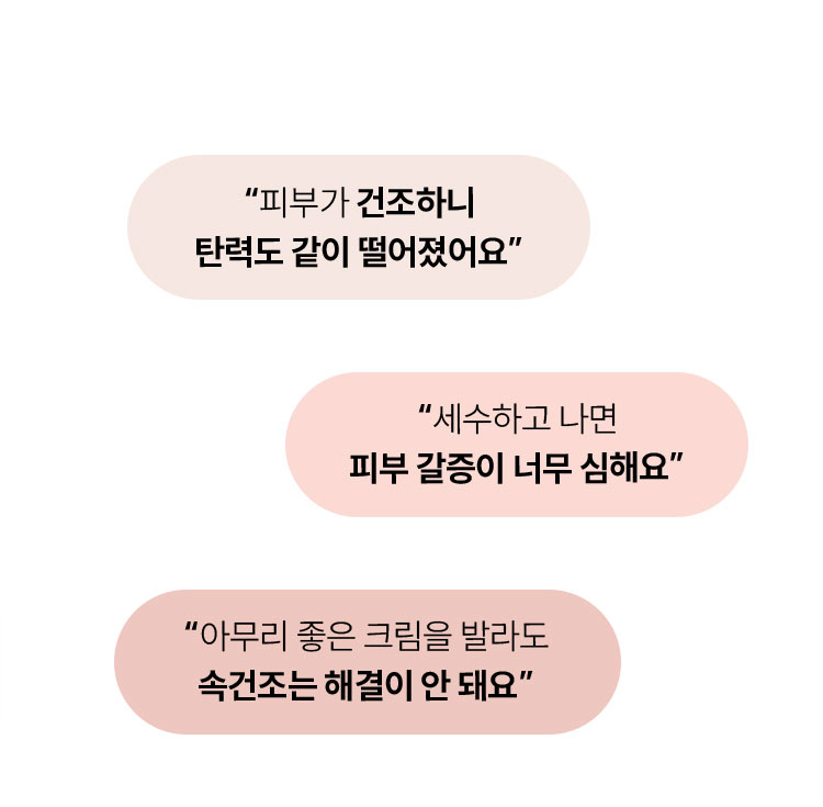 피부가 건조하니 탄력도 같이 떨어졌어요 / 세수하고 나면 피부 갈증이 너무 심해요 / 아무리 좋은 크림을 발라도 속건조는 해결이 안 돼요